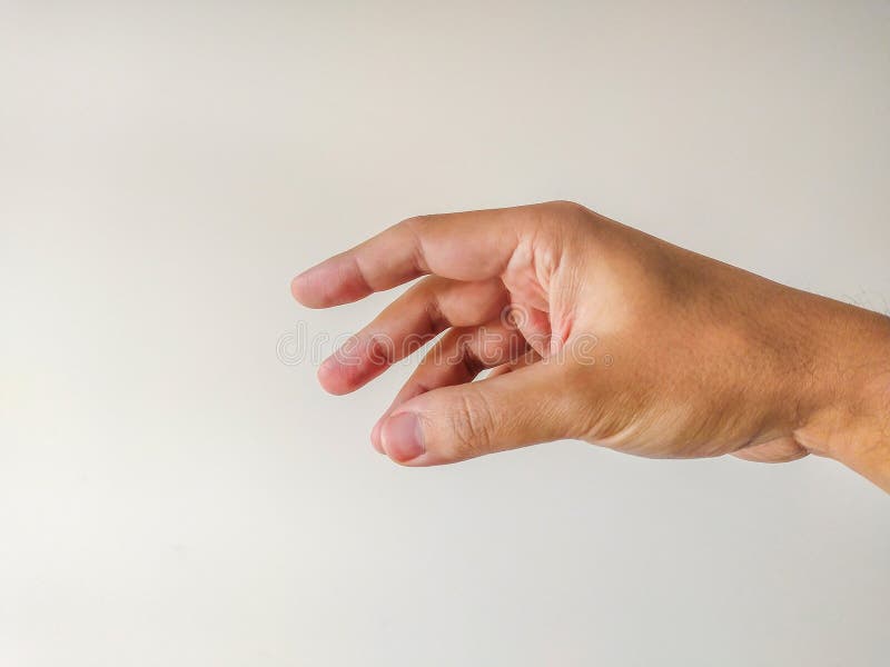 Îmbrăcarea unei mâini masculine care atinge degetele ușor curbate pe un fond alb curat. Perfect pentru concepte de a lua stock photography