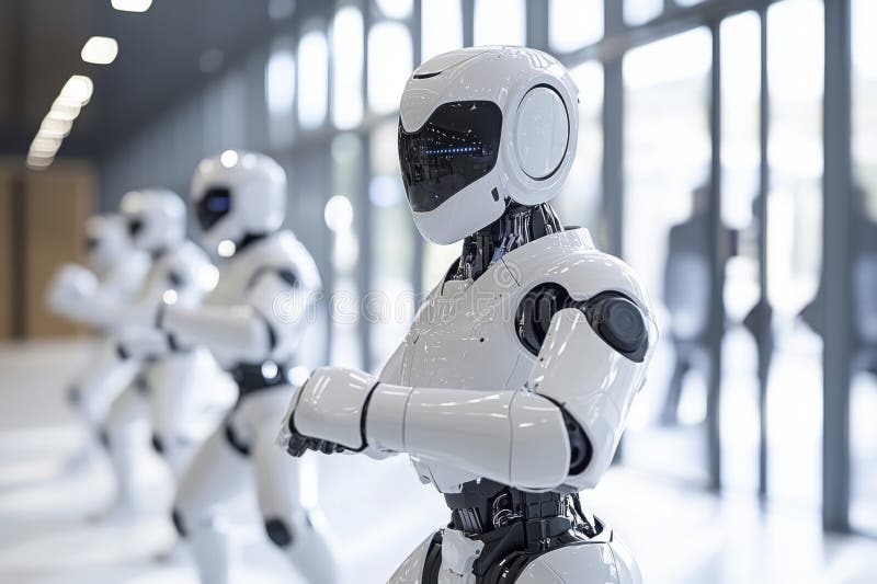 În inima unui dojo virtual, un grup de roboți de învățare profundă alimentați de AIa practicat meticulos arta antică a artelor mar royalty free illustration