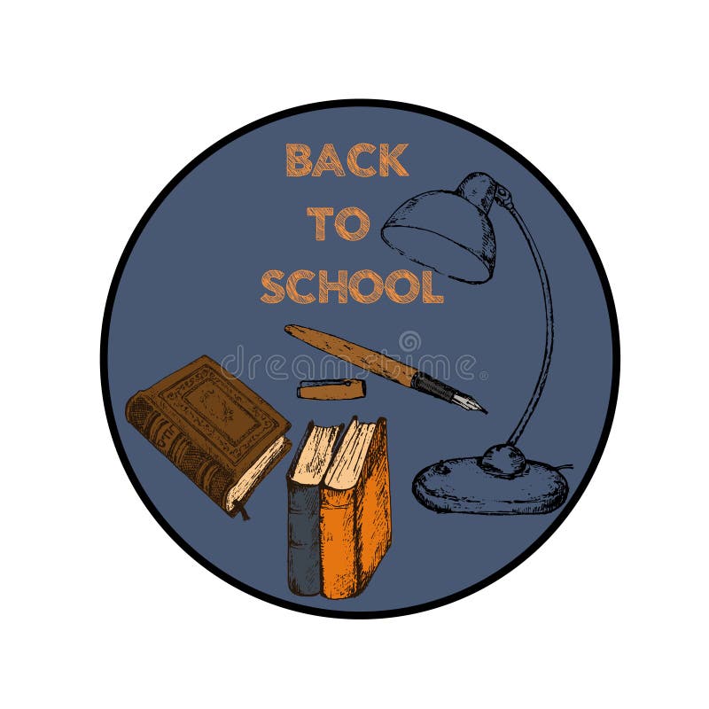 înapoi la școală cu ilustrarea vectorului schiță de prezentare a carnetelor pentru servietă pen. emblema stiloului injector (pen-u stock illustration