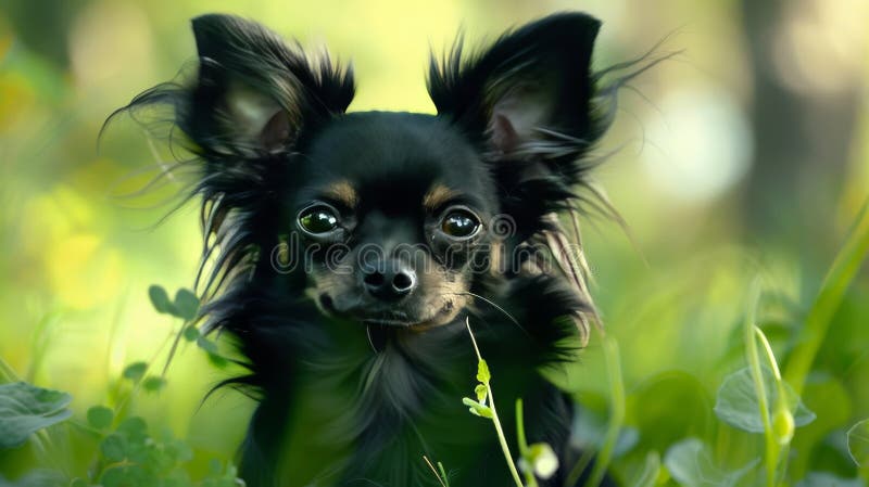 închide un chihuahua negru cu părul lung care scoate în evidență ochii expresivi și detaliile blănurilor lucioase. închiderea unui chihuahua negru cu părul lung, evidențiind ochii expresivi și detaliile blănurilor lucioase generate de tine