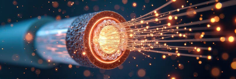 Închidere cablu de fibră optică strălucitoare cu particule de lumină strălucitoare stock photo
