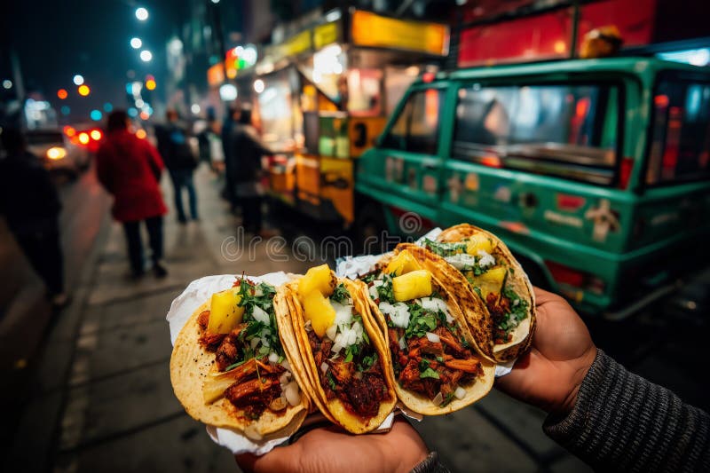 Închidere dinamică a mâinilor care dețin tacos delicios pe stradă la piața de noapte royalty free stock images