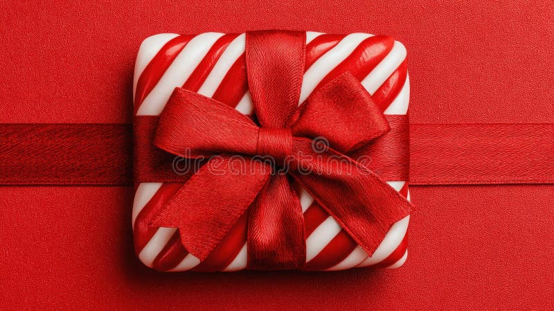 Închidere a unei cutii de cadou cu dungi roșii și albe, înfășurată cu o panglică roșie strălucitoare pe un fundal alb. stock images
