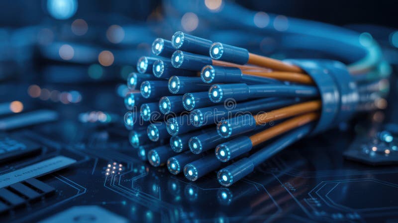 Închiderea cablurilor strălucitoare din fibră optică pentru internetul de mare viteză și comunicarea datelor. Tehnologie și rețea stock photography