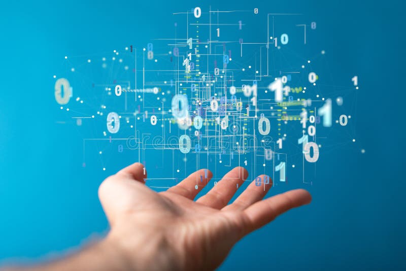 închiderea a 3d de redare a securității cibernetice cu coduri binare plutind pe o mână de om royalty free stock image