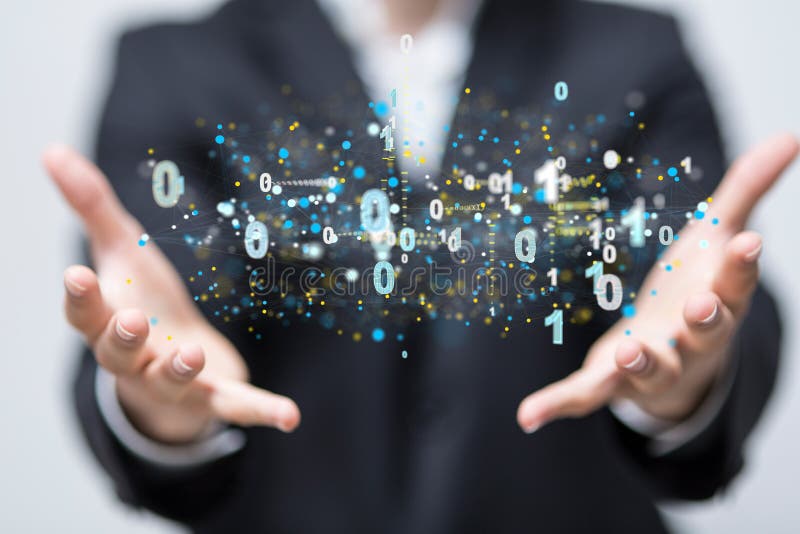 închiderea a 3d de redare a securității cibernetice cu coduri binare plutind pe o mână umană stock image