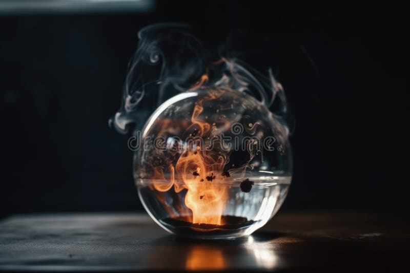 închiderea globulei de cristal cu fum și foc care se ridică de la suprafață stock illustration