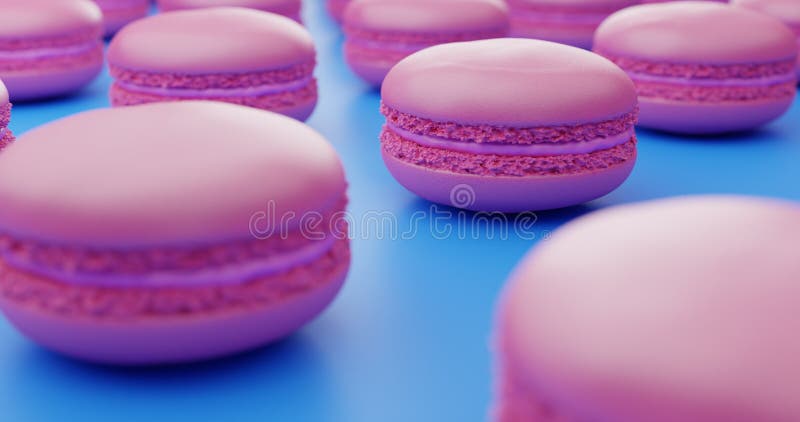 închiderea macaronelor roz pastel distribuite în linii pe fond albastru. culori pastilă. concept alimentar elegant 3d redare. eleganță concept alimentar 3d ilustrare redare.