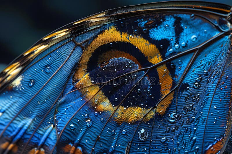 Închiderea macrofotografiei cu aripi fluture, fotofotografie cu nuanțe de albastru vibrant, este un model simetric royalty free illustration