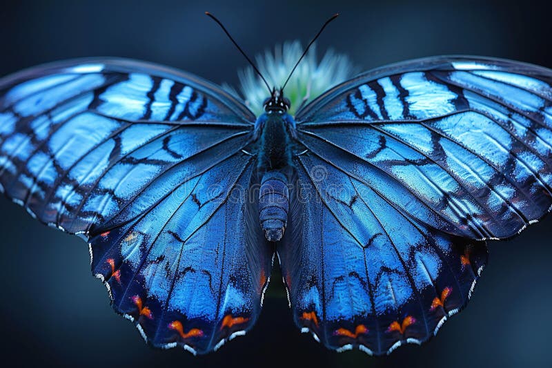 Închiderea macrofotografiei cu aripi fluture, fotofotografie cu nuanțe de albastru vibrant, este un model simetric vector illustration