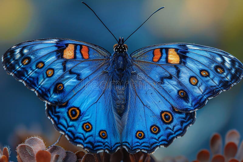 Închiderea macrofotografiei cu aripi fluture, fotofotografie cu nuanțe de albastru vibrant, este un model simetric stock illustration