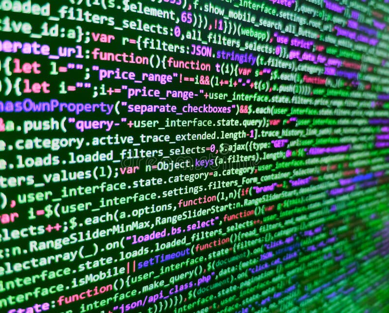 închiderea scriptului java și a codului html. model de focalizare selectivă a site-ului web. javascript de programare pe ecranul c stock image