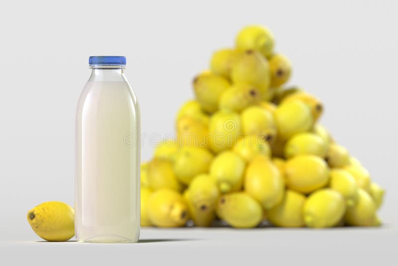închiderea sticlei de suc proaspăt de lămâie pe fond deschis 3d. royalty free stock image