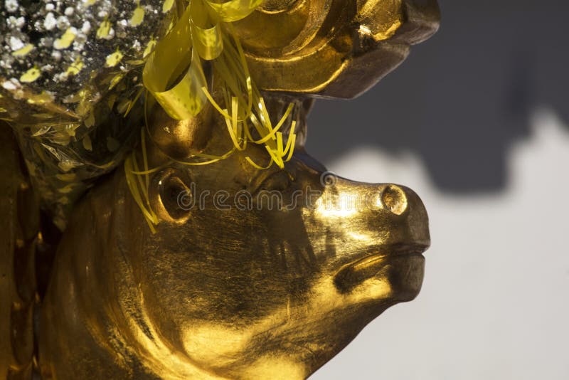 închiderea taurilor cu sculptură în cap din lemn cu filigran din aur din procesiunea Chalhuanca peru stock photos