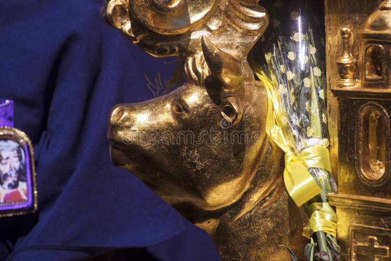 închiderea taurilor cu sculptură în cap din lemn cu filigran din aur din procesiunea Chalhuanca peru stock photo