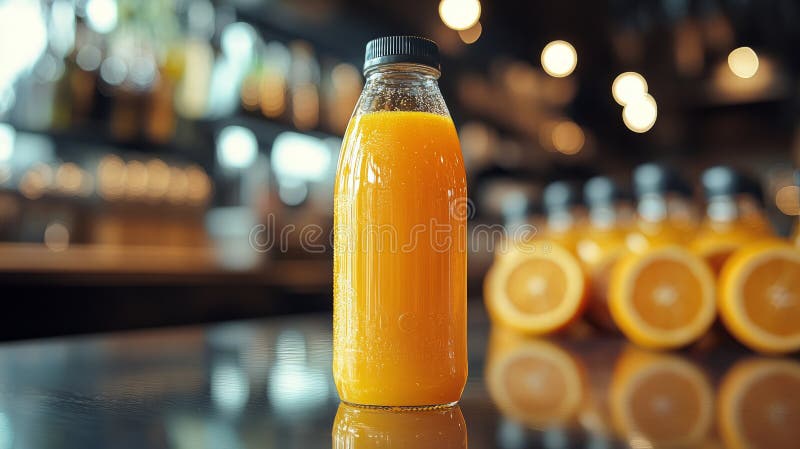 Închiderea unei sticle de suc de portocale proaspăt pe o suprafață reflectantă. stock photos