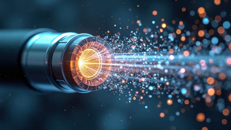 Închiderea unui cablu de fibră optică strălucitoare cu efecte de lumină strălucitoare royalty free stock images