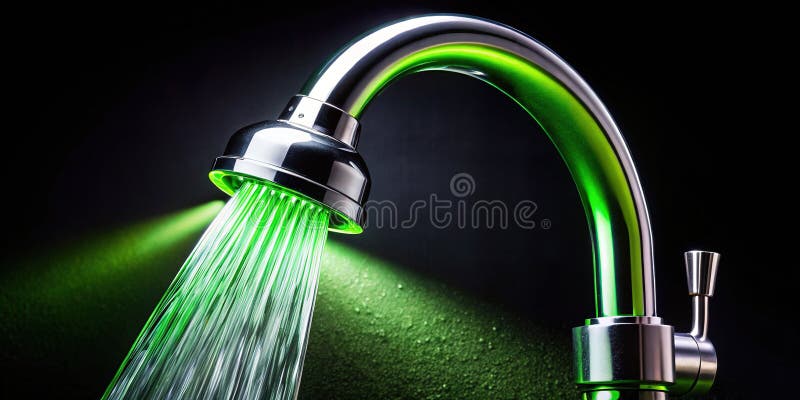închiderea unui cap de pulverizator de plastic verde vibrant din bucătărie, din plastic, care iluminează un flux puternic de apă p vector illustration