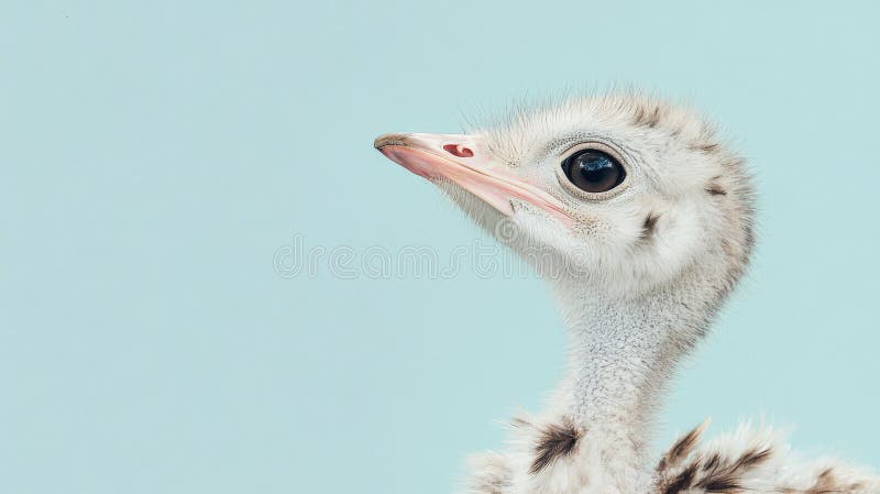 Închiderea unui tânăr struț cu pene ușoare pe fond albastru pastel, care privește în sus. Animale sălbatice și animale stock image