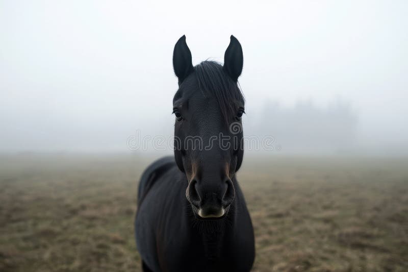 închideți portretul unui cal negru într-un câmp cețos vector illustration