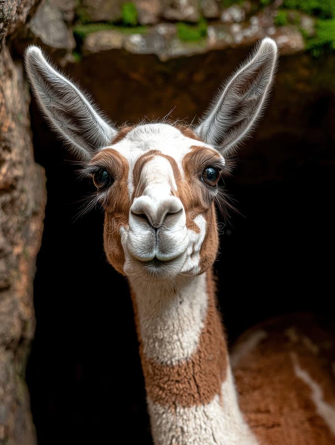 Închideți portretul unui guanaco uitându-vă la cameră. royalty free illustration