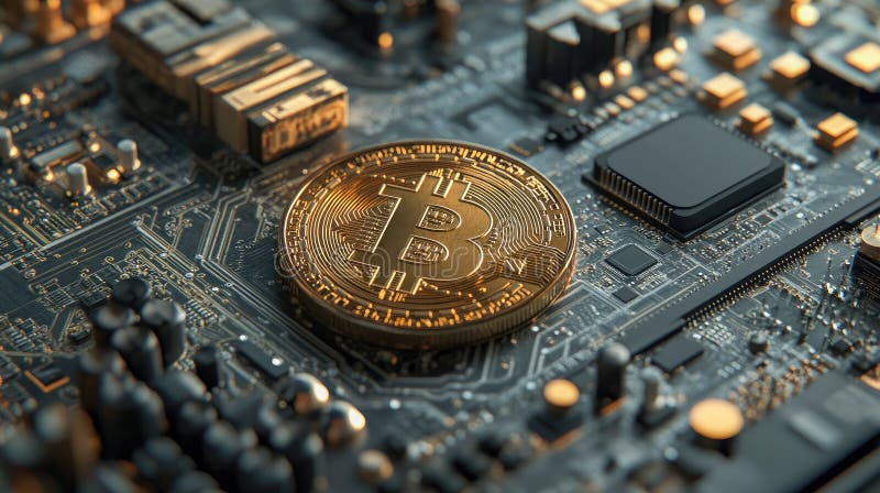 Închideți vizualizarea Bitcoin auriu pe placa electronică de circuite. Criptomonedă vector illustration