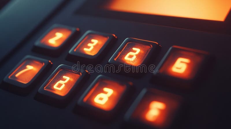 Închideți vizualizarea unei tastaturi cu sistem de alarmă iluminat într-un birou întunecat, cu butoane strălucitoare și umbre royalty free stock photo