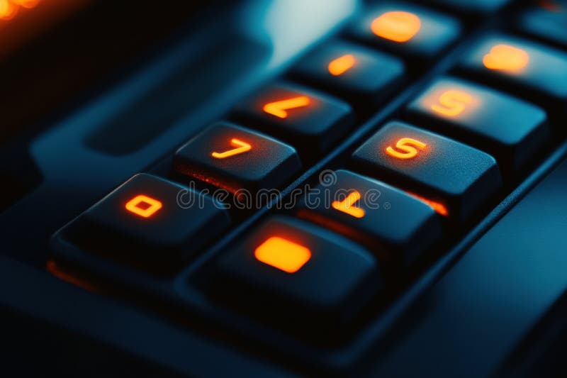 Închideți vizualizarea unei tastaturi iluminate a sistemului de alarmă într-un mediu de birou întunecat, prezentând caracteristici stock images