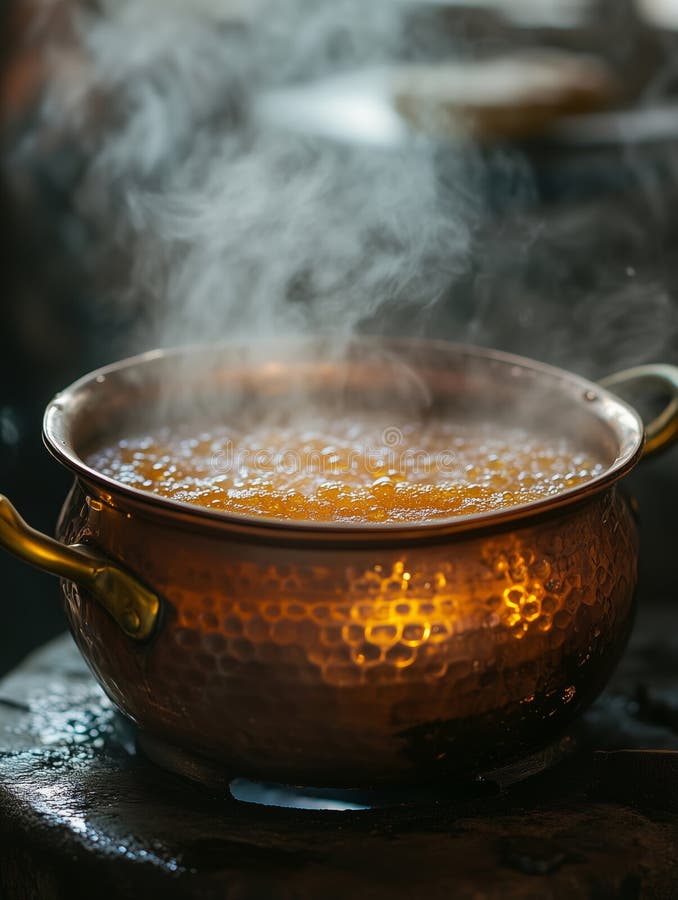 îndulcirea zahărului într-un vas tradițional de cupru deasupra unui focar cald royalty free stock images