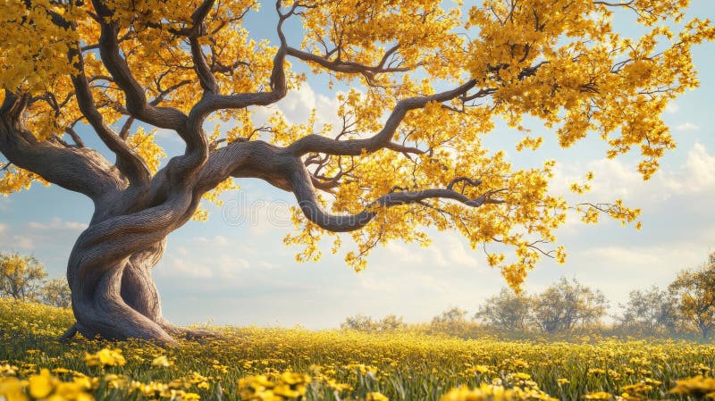 înflorirea unui copac galben aprins în pajiște însorită stock photography