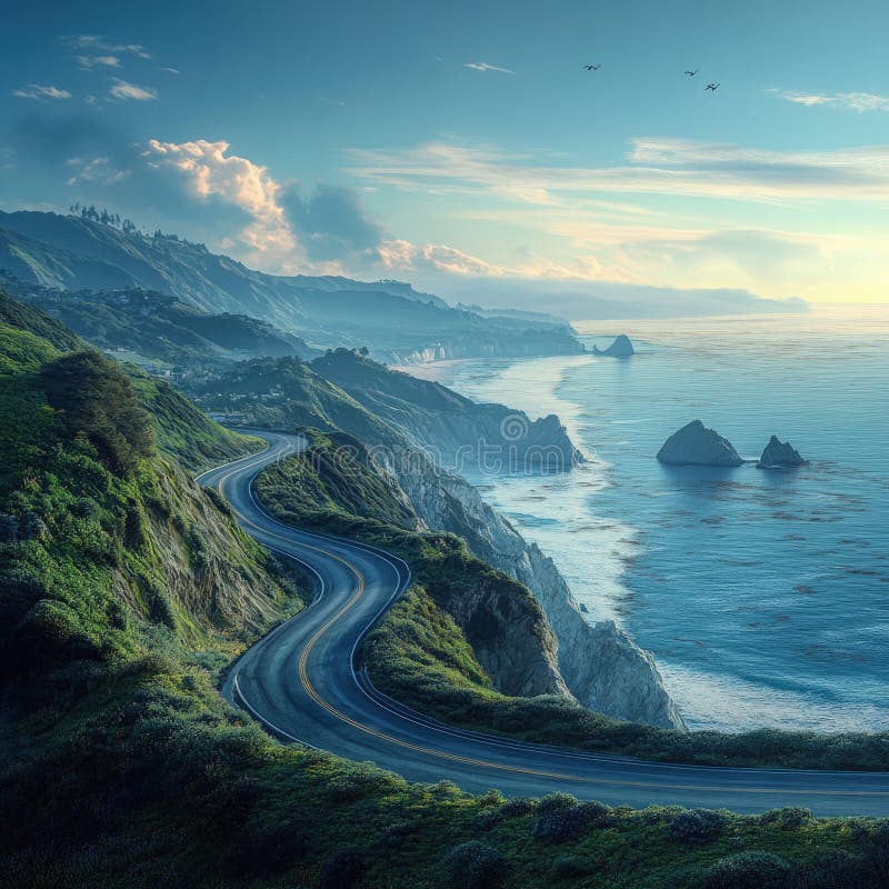 Înfășurarea autostrăzii de coastă de-a lungul versanților dramatici la apus vector illustration