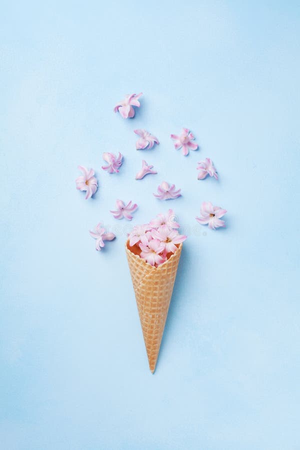 înghețată de flori roz zburătoare în conul de vafe pe fond albastru pastel vedere de sus. compoziție florală frumoasă cu stil plat stock photography
