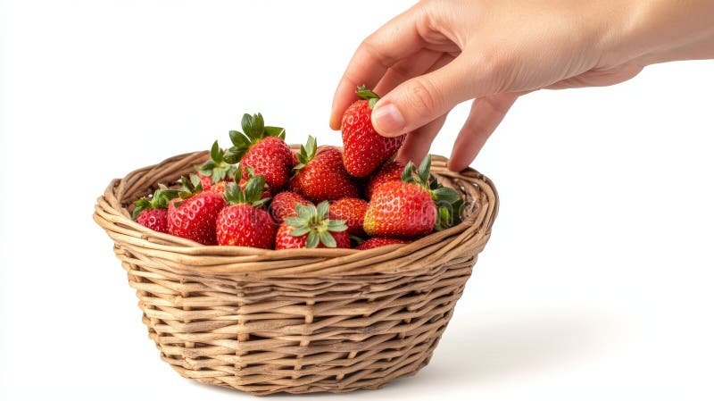 întindere manuală pentru căpșuni într-un coș de răchită izolat pe alb stock images