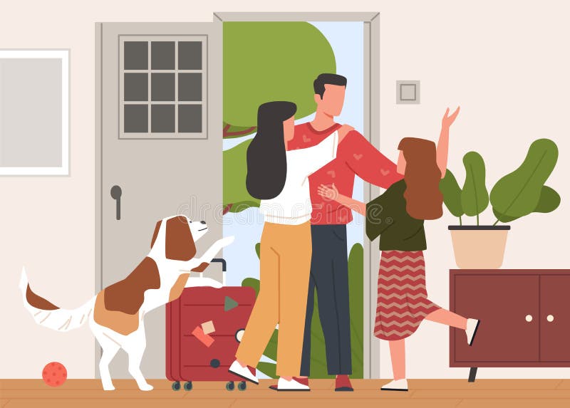 întoarcere acasă. tata a venit acasă de la locul de muncă familie fericit întâlnește tata la ușa casei oameni salut și proprietar stock illustration