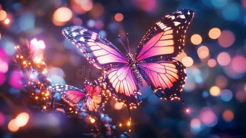 Într-o grădină magică fluturi luminoase dansează în mijlocul unei scene de artă fantastică cu un fundal bokeh stock photography