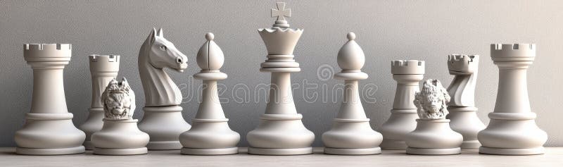Într-un 3D făcând o linie de șase piese de șah diferite toate cele negre stau împreună royalty free illustration