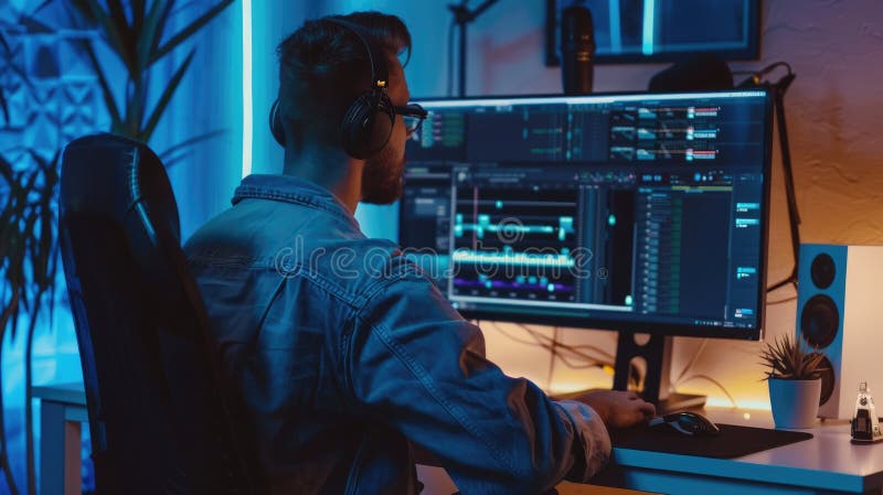 Într-un studio de înaltă tehnologie, un producător de muzică utilizează echipamente avansate pentru a crea sunete inovatoare AIG62 stock photos