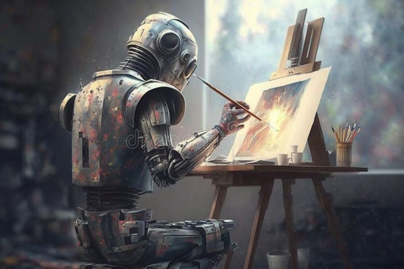 Învățare online de tip robot artistic sau android pentru desenarea sau pictarea pe pânză. generate de vector illustration