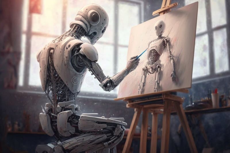Învățare online de tip robot artistic sau android pentru desenarea sau pictarea pe pânză. generate de stock illustration