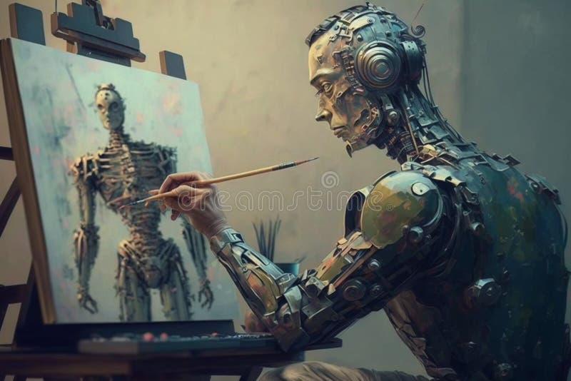 Învățare online de tip robot artistic sau android pentru desenarea sau pictarea pe pânză. generate de vector illustration