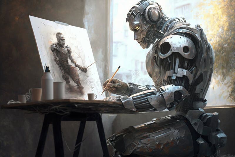 Învățare online de tip robot artistic sau android pentru desenarea sau pictarea pe pânză. generate de royalty free illustration