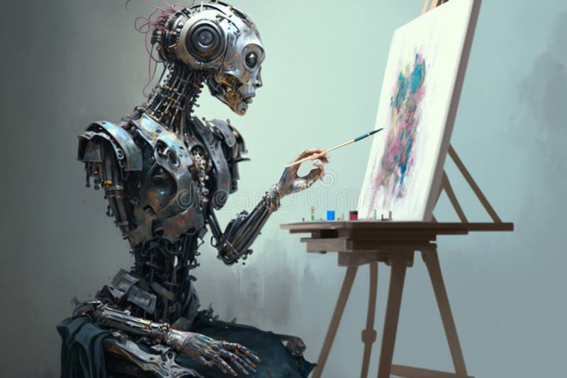 Învățare online de tip robot artistic sau android pentru desenarea sau pictarea pe pânză. generate de stock illustration
