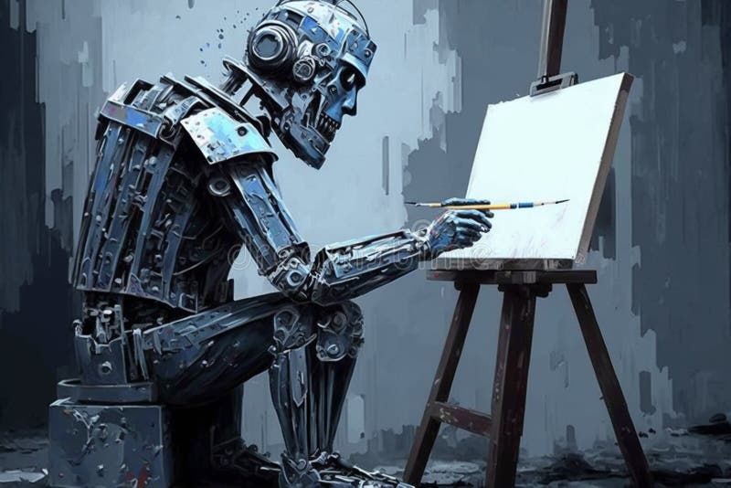Învățare online de tip robot artistic sau android pentru desenarea sau pictarea pe pânză. generate de royalty free illustration