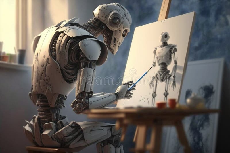 Învățare online de tip robot artistic sau android pentru desenarea sau pictarea pe pânză. generate de vector illustration