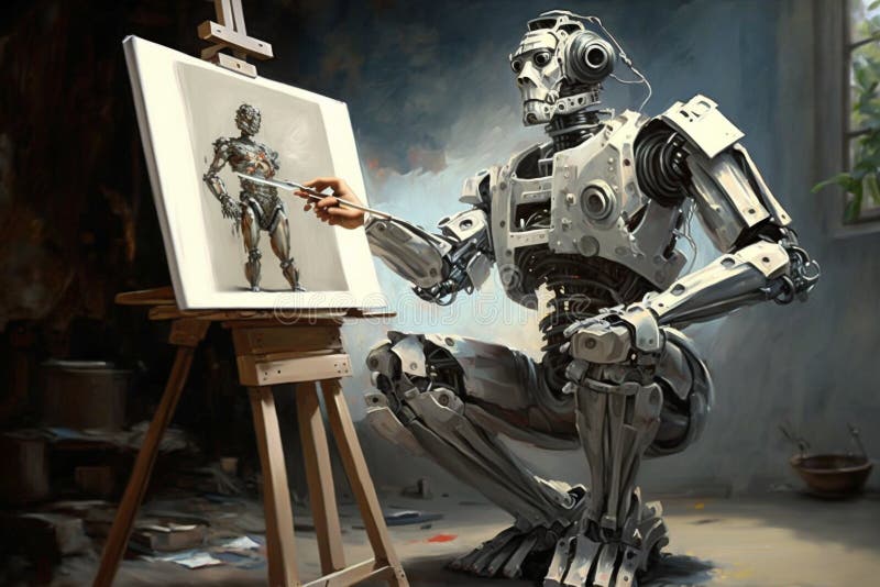 Învățare online de tip robot artistic sau android pentru desenarea sau pictarea pe pânză. generate de stock illustration