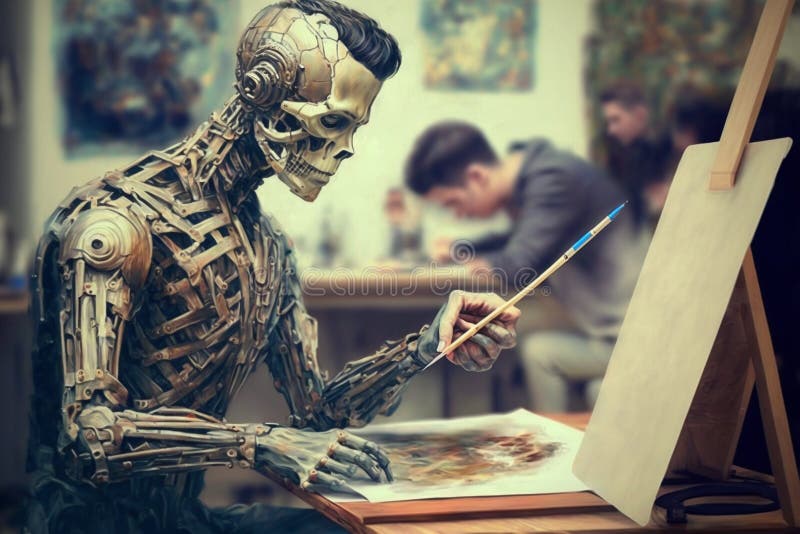 Învățare online de tip robot artistic sau android pentru desenarea sau pictarea pe pânză. generate de vector illustration