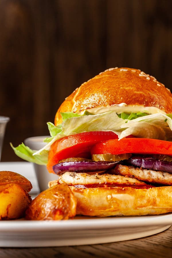 αμερικανική κουζίνα Σπιτικό burger με τη λωρίδα κοτόπουλου, τις ντομάτες, τα αγγούρια, τα κόκκινα κρεμμύδια, aizberg και τη σάλτσ στοκ φωτογραφίες με δικαίωμα ελεύθερης χρήσης αμερικανική κουζίνα Σπιτικό burger με τη λωρίδα κοτόπουλου, τις ντομάτες, τα αγγούρια, τα κόκκινα κρεμμύδια, aizberg και τη σάλτσ στοκ φωτογραφίες με δικαίωμα ελεύθερης χρήσης