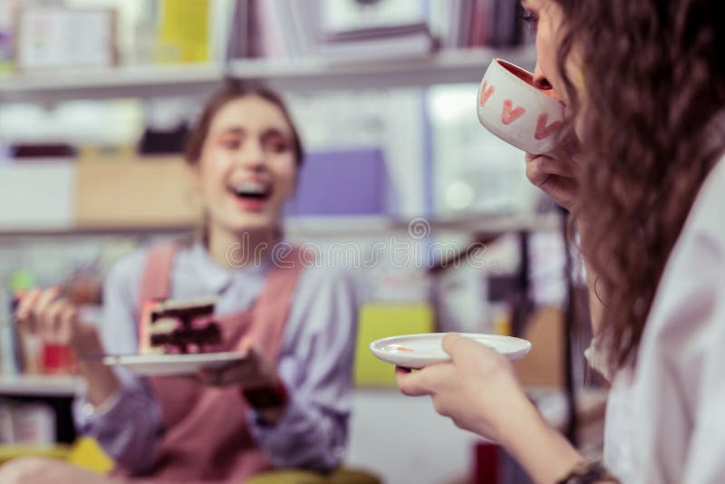 Γελώντας εύθυμες κυρίες που πίνουν το τσάι και την κατανάλωση του επιδορπίου στοκ φωτογραφία με δικαίωμα ελεύθερης χρήσης Γελώντας εύθυμες κυρίες που πίνουν το τσάι και την κατανάλωση του επιδορπίου στοκ φωτογραφία με δικαίωμα ελεύθερης χρήσης