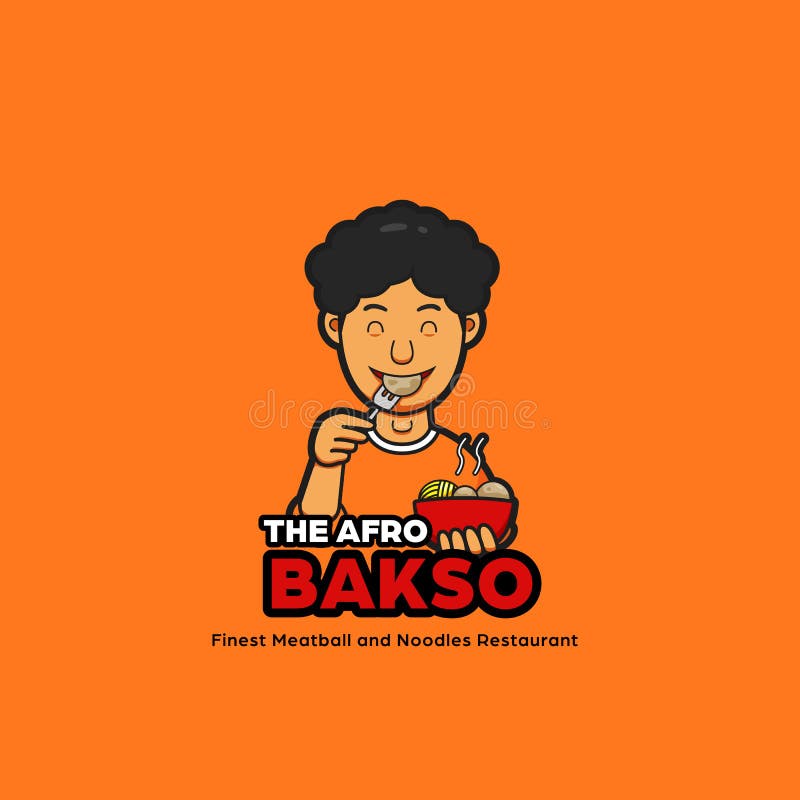 Η μασκότ λογότυπων νουντλς bakso afro με τον αρσενικό χαρακτήρα τρίχας afro που τρώει το κεφτές ελεύθερη απεικόνιση δικαιώματος