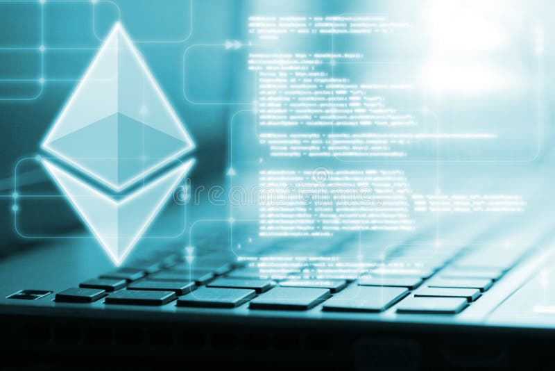 Καμμένος οδηγημένο ολόγραμμα Ethereum ETH στο πληκτρολόγιο υπολογιστών και το εικονικό υπόβαθρο διαγραμμάτων ροής λογισμικού απεικόνιση αποθεμάτων Καμμένος οδηγημένο ολόγραμμα Ethereum ETH στο πληκτρολόγιο υπολογιστών και το εικονικό υπόβαθρο διαγραμμάτων ροής λογισμικού απεικόνιση αποθεμάτων